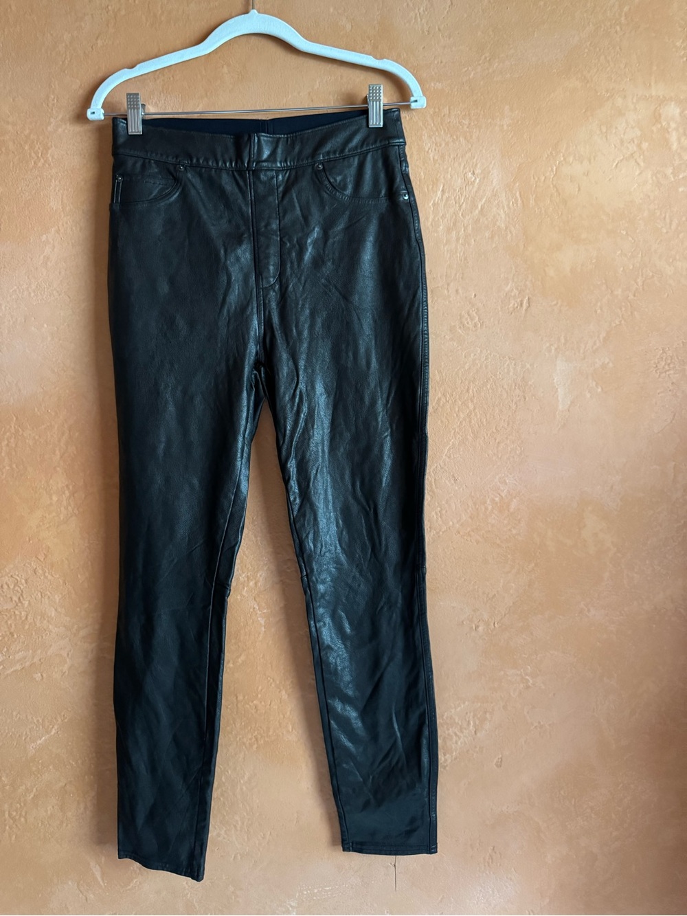 SPANX Black Faux Leather Skinny Pants Medium High Rise Coated